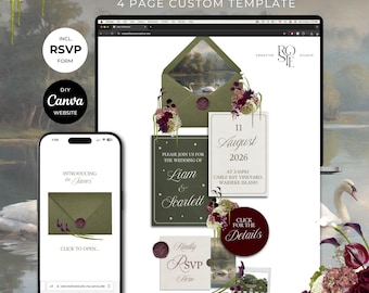 Olive Green & Burgundy Floral Wedding Website Template with RSVP: Editable Canva Design (Digital Download)