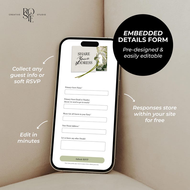 May include: A smartphone screen displaying an editable digital guest information form with fields for name, contact details, and address. The form includes the text Share Your Address and a Submit RSVP button, surrounded by explanatory text annotations.