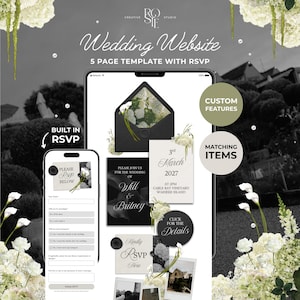 May include: A digital wedding website template featuring a 5-page layout with built-in RSVP functionality. The design displays black and white stationery elements, including envelopes, invitation cards, and RSVP forms, all accented with white floral imagery.