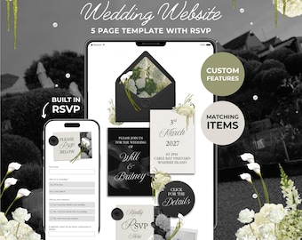 Puede incluir: Una plantilla de sitio web de bodas digital con un diseño de 5 páginas y funcionalidad RSVP integrada. El diseño muestra elementos de papelería en blanco y negro, incluyendo sobres, tarjetas de invitación y formularios RSVP con motivos florales.