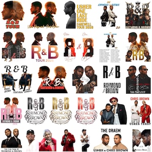 Pu&ograve; includere: Una collezione di design grafici con Usher e Chris Brown, che mostrano vari layout con il testo R&B, Raymond & Brown e Tour 2026. Le immagini includono ritratti dei due artisti, tipografia stilizzata e il branding del tour dei concerti.