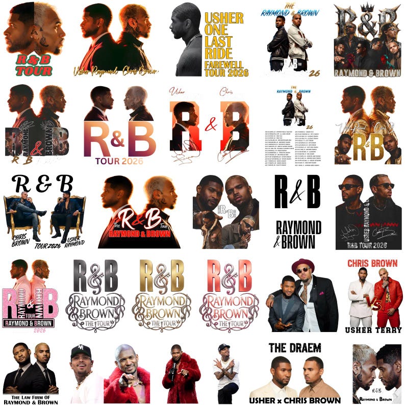 Pu&ograve; includere: Una collezione di design grafici con Usher e Chris Brown, che mostrano vari layout con il testo R&B, Raymond & Brown e Tour 2026. Le immagini includono ritratti dei due artisti, tipografia stilizzata e il branding del tour dei concerti.