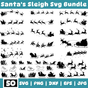 Op de afbeelding: Een verzameling van 50 zwarte Santa's Sleigh SVG-ontwerpen. De ontwerpen tonen de kerstman in zijn slee, getrokken door rendieren, in verschillende poses en stijlen. De tekst "Santa's Sleigh Svg Bundle" staat bovenaan.