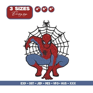 May include: Embroidered design of Spider-Man in a crouching pose, set against a spiderweb. The design is in red and blue, with the text "3 SIZES" and size options of 10cm, 13cm, and 15cm displayed. The design also includes file type abbreviations.
