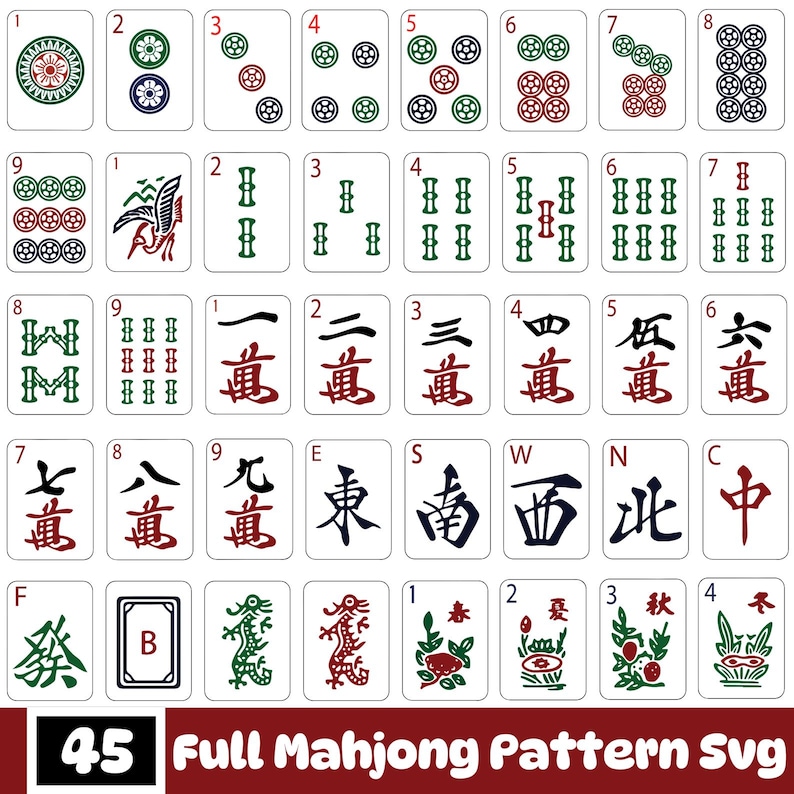 K&ouml;nnte beinhalten: Eine Sammlung von 45 Mahjong-Steinen mit verschiedenen Symbolen, Zahlen und chinesischen Schriftzeichen. Die Steine weisen rote, gr&uuml;ne und schwarze Designs auf wei&szlig;em Hintergrund auf. Der Text "Full Mahjong Pattern SVG" befindet sich unten.