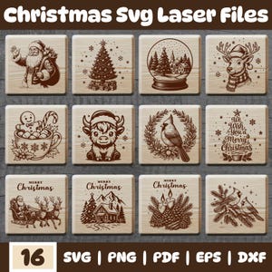 Puede incluir: Un conjunto de 16 archivos láser SVG con temática navideña. Los diseños incluyen a Papá Noel, árboles de Navidad, bolas de nieve, renos y otros elementos festivos. Disponibles en formatos SVG, PNG, PDF, EPS y DXF. El texto "Christmas SVG Laser Files" está en la parte superior.