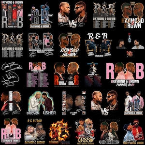 Pu&ograve; includere: Una collezione di design grafici con Usher Raymond e Chris Brown per il tour R&B Summer 2026, che mostra vari ritratti, date del tour, testi stilizzati e firme su uno sfondo nero in una disposizione a griglia.