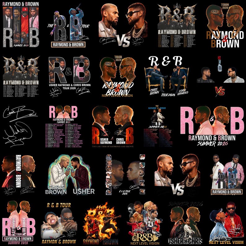 Pu&ograve; includere: Una collezione di design grafici con Usher Raymond e Chris Brown per il tour R&B Summer 2026, che mostra vari ritratti, date del tour, testi stilizzati e firme su uno sfondo nero in una disposizione a griglia.