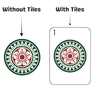 K&ouml;nnte beinhalten: Eine Illustration, die einen runden Entwurf und eine Karte mit demselben Entwurf vergleicht. Das Design zeigt eine rote Blume in der Mitte, umgeben von wei&szlig;en und gr&uuml;nen Mustern. Die Karte hat die Zahl 1 in der oberen linken Ecke.