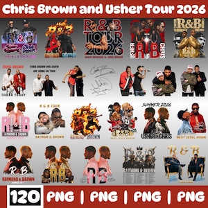 Pu&ograve; includere: Una collezione digitale di 20 design grafici con Chris Brown e Usher per un tour R&B del 2026. Le immagini includono ritratti, fotografie di concerti, testo stilizzato, firme e date del tour, presentate in una griglia con intestazione rossa.