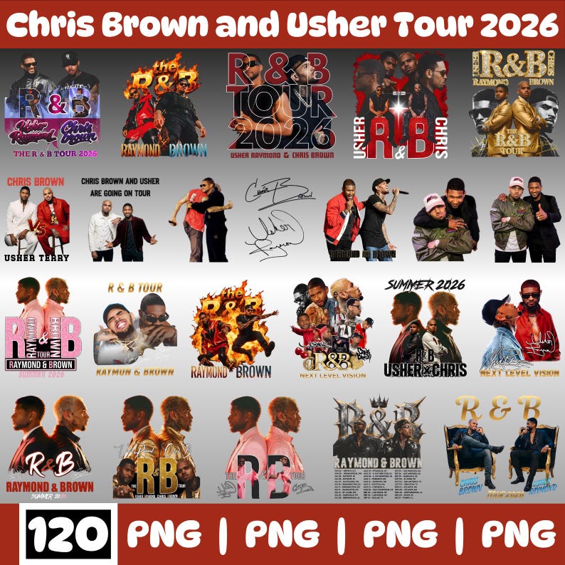 Pu&ograve; includere: Una collezione digitale di 20 design grafici con Chris Brown e Usher per un tour R&B del 2026. Le immagini includono ritratti, fotografie di concerti, testo stilizzato, firme e date del tour, presentate in una griglia con intestazione rossa.