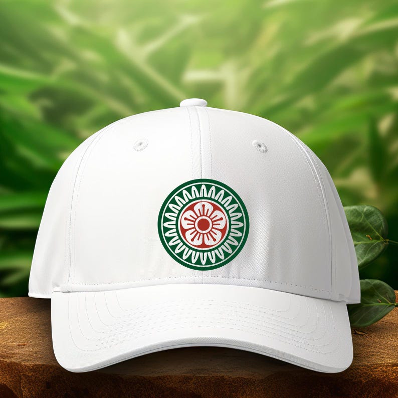 K&ouml;nnte beinhalten: Eine wei&szlig;e Baseballkappe mit einem kreisf&ouml;rmigen Emblem. Das Emblem zeigt ein rotes Blumendesign, umgeben von einem gr&uuml;nen Rand. Die Kappe besteht aus glattem Material und hat einen gebogenen Schirm.