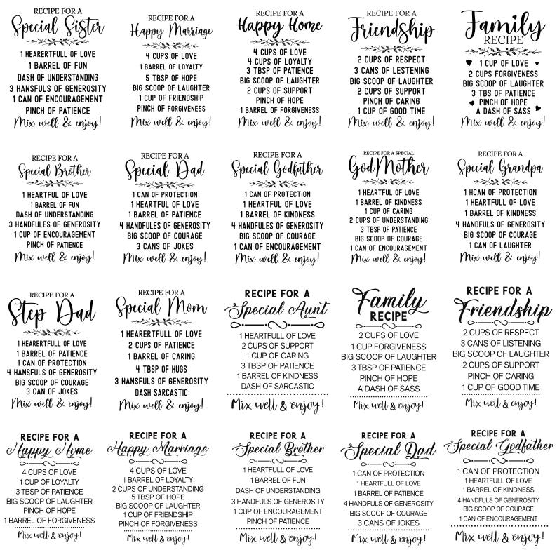 May include: A collection of recipe cards with various titles like "Special Sister," "Happy Marriage," and "Friendship." Each card features a list of ingredients and instructions, all in a handwritten style.