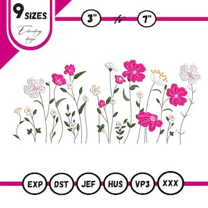 Pode incluir: Um design floral bordado com flores rosa, brancas e amarelas com caules e folhas verdes. O design está disponível em 9 tamanhos, variando de 7,6 cm a 17,8 cm. Os formatos de arquivo compatíveis incluem EXP, DST, JEF, HUS, VP3 e XXX.