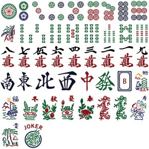 K&ouml;nnte beinhalten: Eine Sammlung von Mahjong-Steinen mit verschiedenen Symbolen, darunter Kreise, Bambus und Schriftzeichen. Die Steine zeigen rote, gr&uuml;ne und schwarze Symbole sowie chinesische Schriftzeichen und Illustrationen. Ein "JOKER"-Stein ist ebenfalls vorhanden.