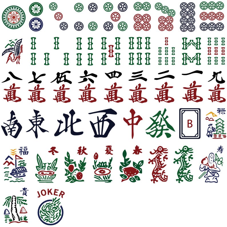 K&ouml;nnte beinhalten: Eine Sammlung von Mahjong-Steinen mit verschiedenen Symbolen, darunter Kreise, Bambus und Schriftzeichen. Die Steine zeigen rote, gr&uuml;ne und schwarze Symbole sowie chinesische Schriftzeichen und Illustrationen. Ein "JOKER"-Stein ist ebenfalls vorhanden.