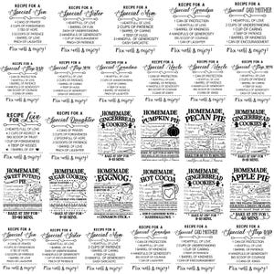 May include: A collection of recipe cards with handwritten instructions for various baked goods and dishes, including cookies, pies, and hot cocoa. Each recipe is for a special person or occasion.