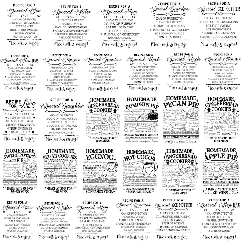 May include: A collection of recipe cards with handwritten instructions for various baked goods and dishes, including cookies, pies, and hot cocoa. Each recipe is for a special person or occasion.