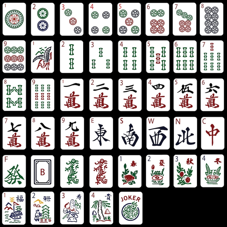 K&ouml;nnte beinhalten: Eine Sammlung von Mahjong-Steinen, jeder mit einzigartigen Symbolen und Zahlen. Die Steine zeigen verschiedene Anz&uuml;ge, darunter Kreise, Bambus und Schriftzeichen, in einer Vielzahl von Farben. Das Set enth&auml;lt Windsteine und Joker-Steine, alles vor einem schwarzen Hintergrund.