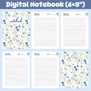 以下が含まれることがあります： 花柄デザインのデジタルノート。表紙は、青い花と蝶の水彩模様です。ノートのサイズは15 x 20 cmで、日付のスペースと、メモ用の罫線ページが含まれています。