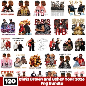 May include: A collection of PNG graphics featuring R&B artists Chris Brown and Usher. The designs include tour posters, portraits, and logos with text such as "R&B Tour 2026" and "Summer 2026". The bundle contains 120 images.