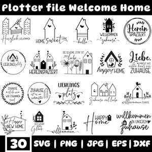 Puede incluir: Una colección de archivos SVG en blanco y negro con temática de hogar. Los diseños incluyen siluetas de casas, detalles florales y frases como "Bienvenido a casa". La imagen también incluye información sobre el tipo de archivo.