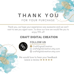 K&ouml;nnte beinhalten: Eine digitale Dankeskarte mit dem Text "THANK YOU FOR YOUR PURCHASE" in fetter Schrift. Die Karte enth&auml;lt den Text "CRAFT DIGITAL CREATION" und Social-Media-Links. Aquarellfarbene blaue und goldene Akzente schm&uuml;cken den Hintergrund.