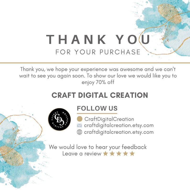 K&ouml;nnte beinhalten: Eine digitale Dankeskarte mit dem Text "THANK YOU FOR YOUR PURCHASE" in fetter Schrift. Die Karte enth&auml;lt den Text "CRAFT DIGITAL CREATION" und Social-Media-Links. Aquarellfarbene blaue und goldene Akzente schm&uuml;cken den Hintergrund.