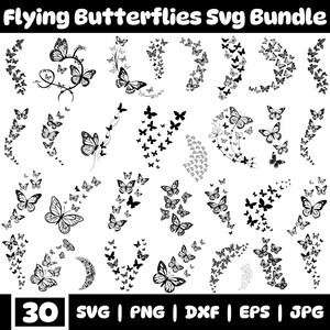 May include: A collection of 30 black and white butterfly SVG designs. The image features various arrangements of butterflies, including clusters, trails, and individual butterfly illustrations. The text "Flying Butterflies Svg Bundle" is at the top, and file type information is at the bottom.