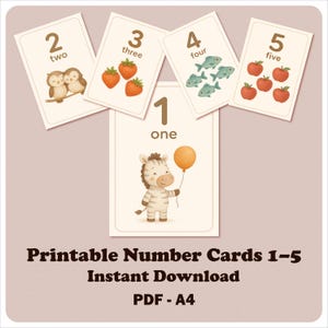 Flashcards com números para impressão de 1 a 5 | Cartões educativos para crianças | PDF A4 | Decoração de parede educacional | Download instantâneo