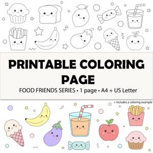 Página para colorear de comida linda e imprimible para niños: Amigos de la comida kawaii (PDF) - Tamaño A4 y carta (horizontal) - Descarga digital