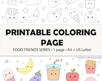 Printable Cute Food Coloring Page for Kids – Kawaii Kawaii Food Friends PDF – A4 and US Letter Horizontal – Digital Download