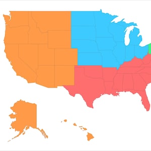 May include: A colorful map of the United States, divided into regions by color. The western states are orange, the central states are blue, the eastern states are green, and the southern states are red. Alaska and Hawaii are also shown.