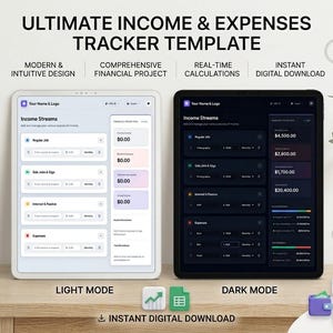 May include: Two tablets displaying a digital income and expenses tracker template, one in light mode and the other in dark mode. The template shows income streams and expenses, with real-time calculations. The text includes "Ultimate Income & Expenses Tracker Template."