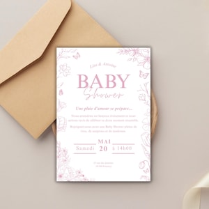 Invitation Baby Shower fille rose et blanche – fleurs & papillons – A5 personnalisable – carte assortie au pronostic – lien d’édition