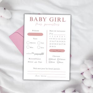 Carte de Pronostics Bébé Fille à Imprimer Carte de prédictions bébé pour Baby Shower ou Gender Reveal Design épuré rose et blanc