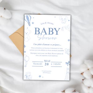 Invitation Baby Shower - Carte personnalisable Bleu et Blanc - Format A5 - Modèle numérique à éditer gratuitement