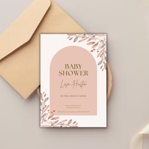 Invitation Baby Shower à personnaliser - Thème Neutre Beige et Blanc - Feuilles Élégantes - Style Boho - Carte Digitale A6 via Canva