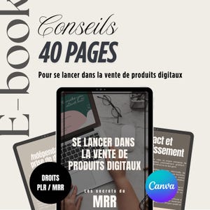 Może przedstawiać: Okładka e-booka z tytułem "Conseils 40 PAGES" i tekstem "Pour se lancer dans la vente de produits digitaux". Okładka przedstawia laptopa i dwa tablety. Tekst "SE LANCER DANS LA VENTE DE PRODUITS DIGITAUX" jest wyświetlany na ekranie laptopa.