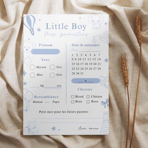 Carte de pronostics baby shower garçon à imprimer – Jeu baby shower bleu et blanc format A5 & A4 – Fichier PDF numérique