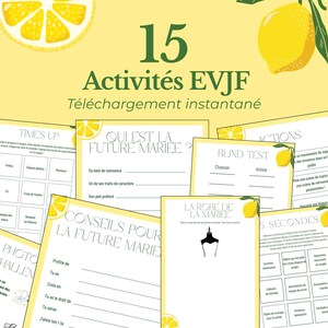 Peut inclure: Ensemble de jeux de fête prénuptiale imprimables sur le thème du citron. Les jeux comprennent des invites à compléter et des activités. Le texte sur l'image comprend "15 Activités EVJF Téléchargement instantané".