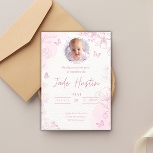 Carte d'invitation baptême fille à personnaliser - Modèle floral rose papillon - Format A6 PDF digital
