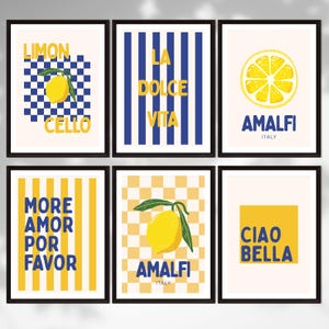 Juego de 6 pósteres de limones italianos | La Dolce Vita | Decoración de cocina amarilla y azul para imprimir