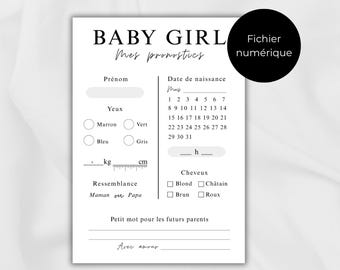 Carte de Pronostics Bébé Fille à Imprimer Carte de prédictions bébé pour Baby Shower ou Gender Reveal Design épuré noir et blanc