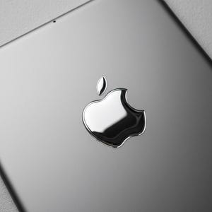 Può includere: Primo piano di un tablet argentato con un logo Apple riflettente. Il tablet ha angoli arrotondati e una finitura metallica liscia. Il logo Apple è un emblema argentato lucido.