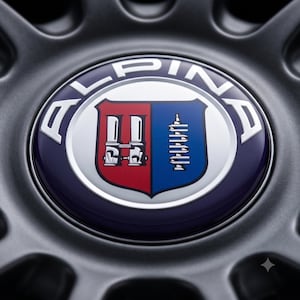 Op de afbeelding: Een rond Alpina-embleem in het midden van een donkergrijs wiel. Het logo toont een schild verdeeld in rode en blauwe secties, met een zilveren afbeelding van een carburateur en krukas. Het woord ALPINA staat in zilveren letters op een blauwe rand.