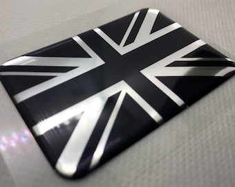 Union Jack Flag 3D Domed Gel Sticker: Silver & Black UK Emblem (64x44mm)