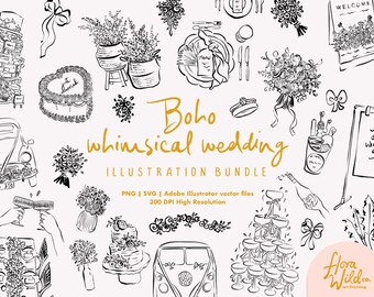 Boho Wedding Clipart Bundle SVG | Whimsical Hand Drawn Wedding Illustrations | DIY Bride Stationery Graphics PNG Files