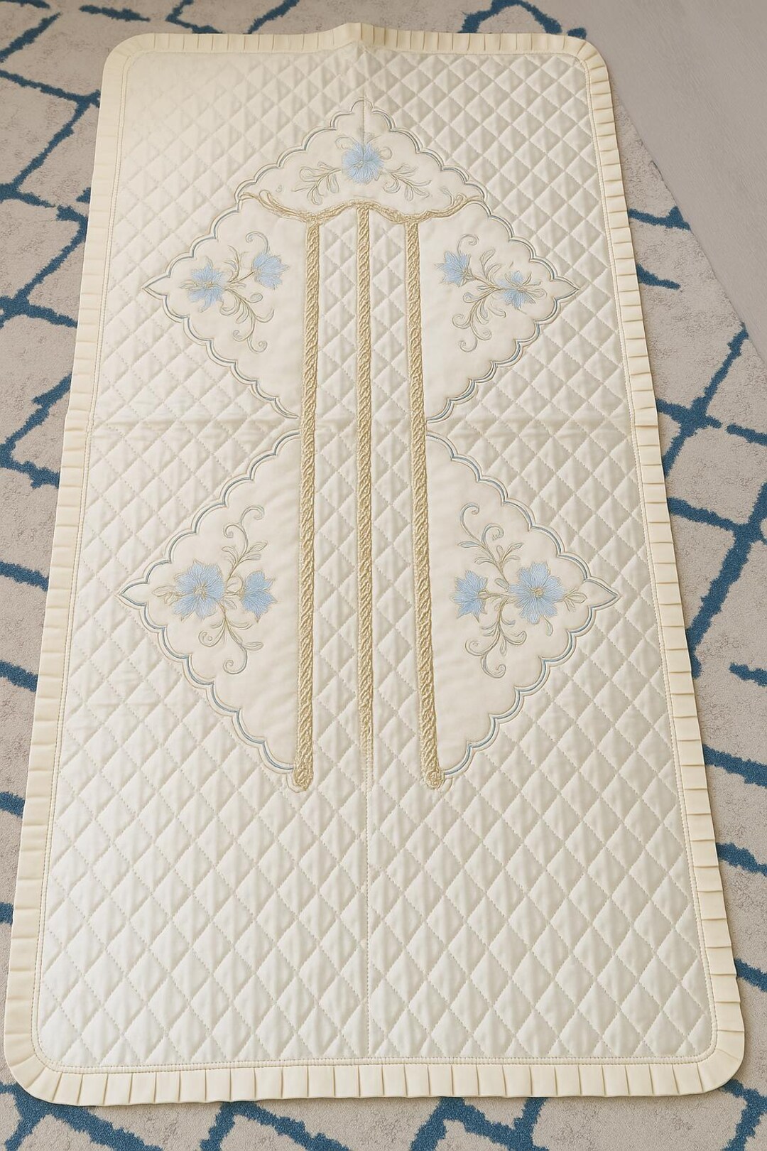 Handmade Quilted Satin Prayer Rug With Blue Floral Embroidery, Islamic ...