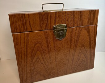 Vintage Porta File Box With Key Locking Brown Faux Wood Metal